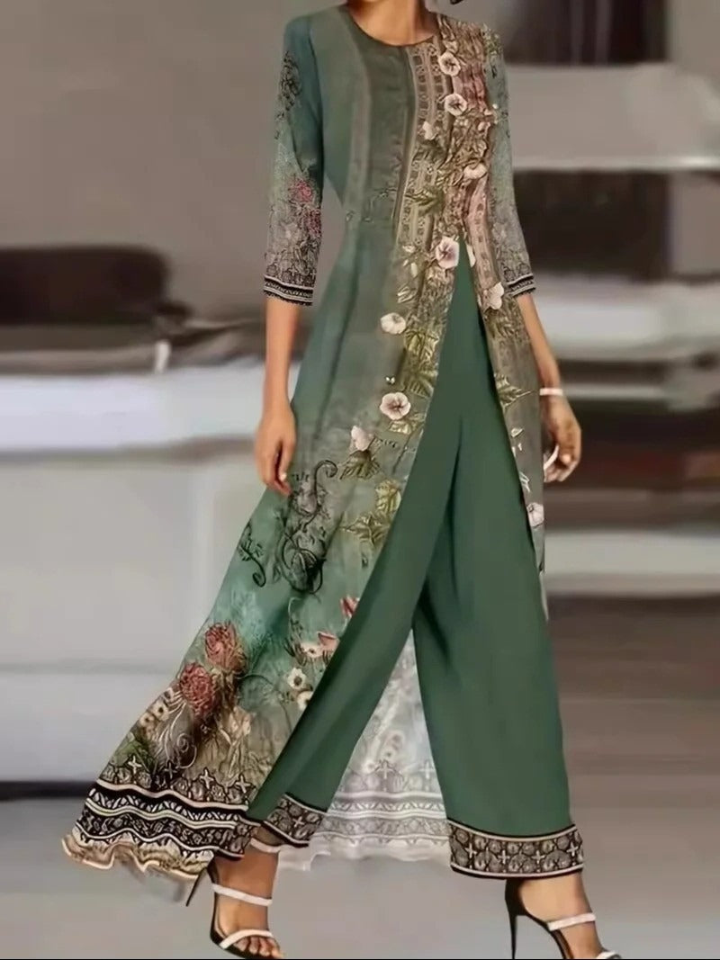 Jade | Women's Floral Print Two-Piece Set Long Top & Wide Leg Pants