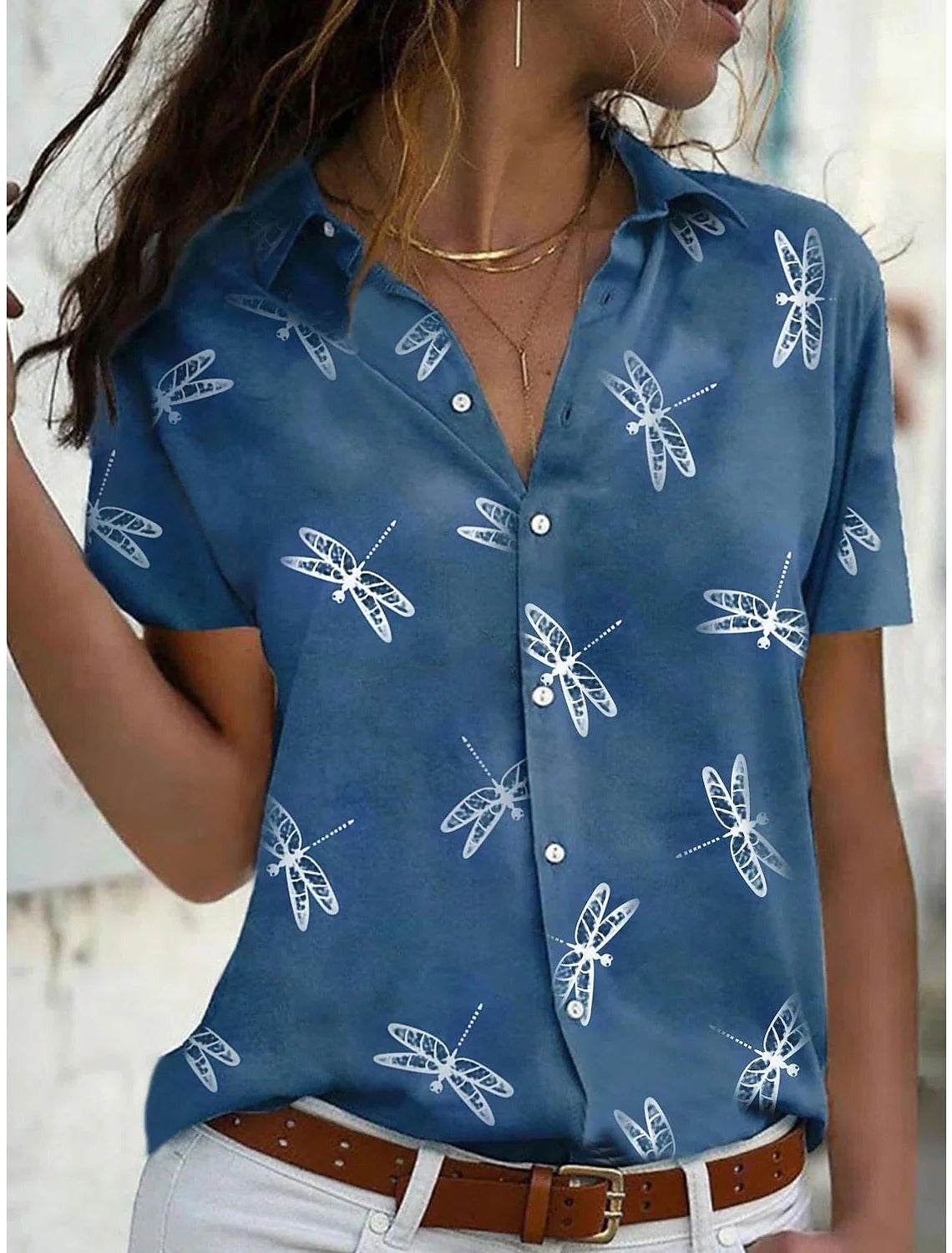 Daisy | Women's Dragonfly Print Short Sleeve Button-Down Shirt Top
