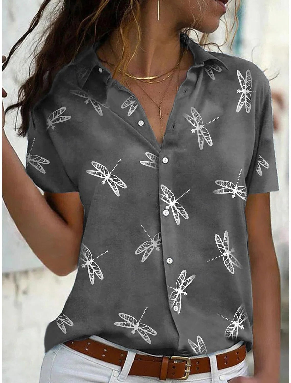 Daisy | Women's Dragonfly Print Short Sleeve Button-Down Shirt Top