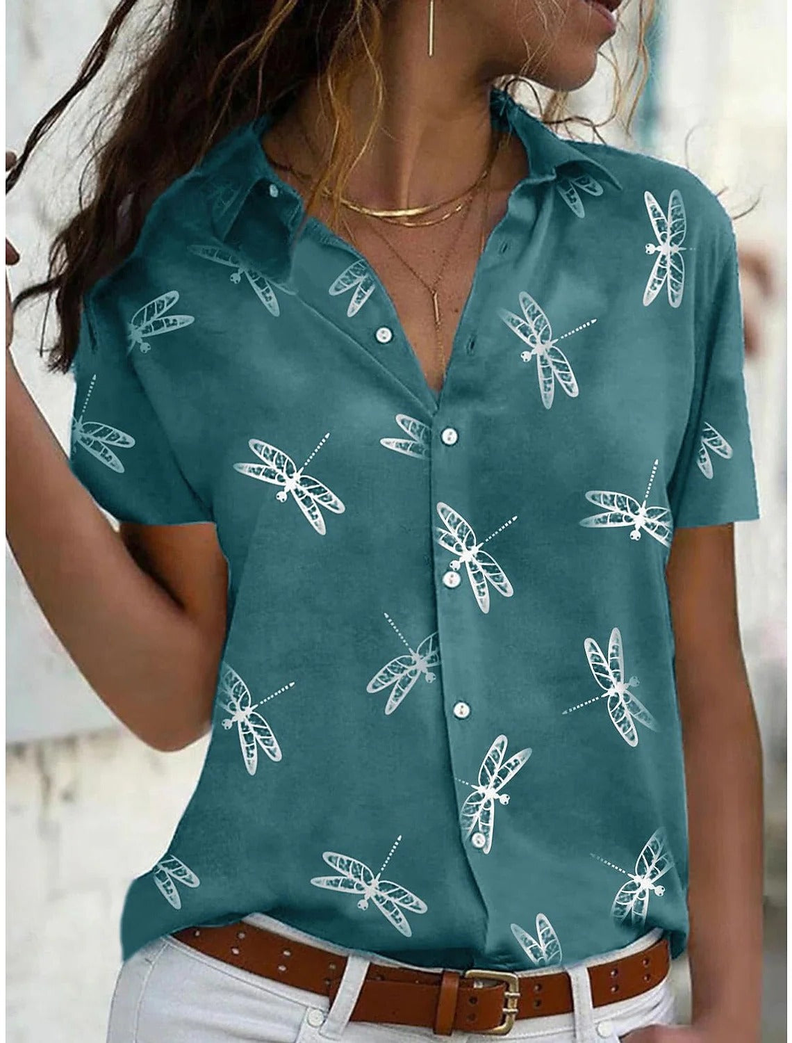 Daisy | Women's Dragonfly Print Short Sleeve Button-Down Shirt Top