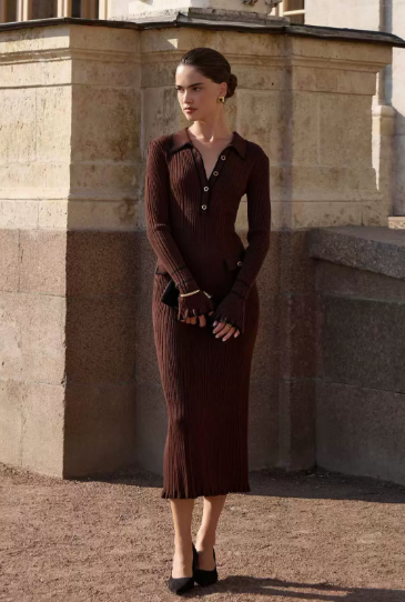 Audrey | Women's Ribbed Polo Collar Midi Dress with Button Detail