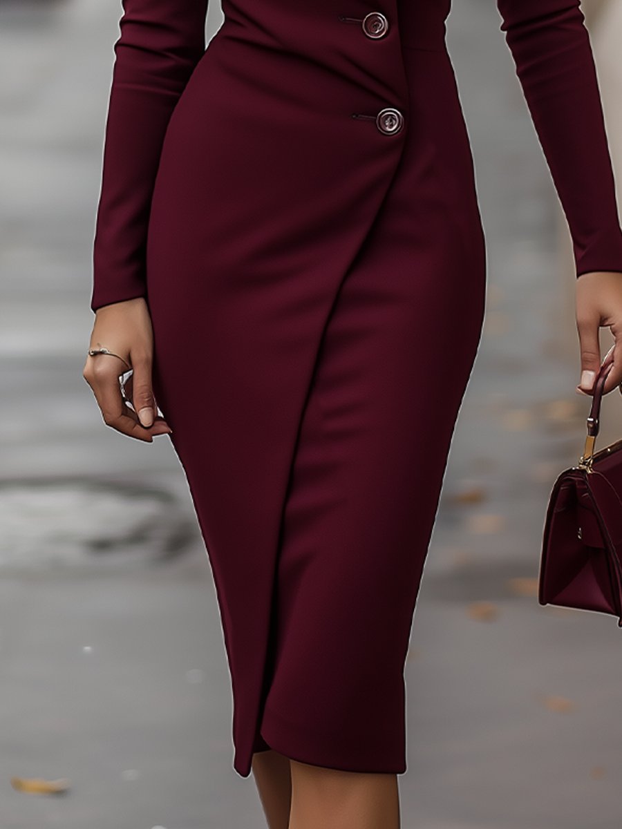 Women's Wrap Midi Dress V-Neck Long Sleeve Button Bodycon Burgundy Business Casual