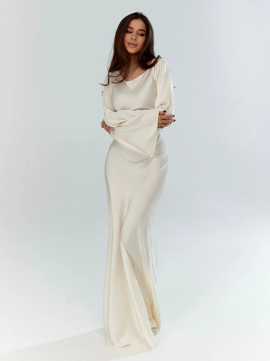 Women's Maxi Dress Long Bell Sleeve Scoop Neck Mermaid Satin Evening Gown