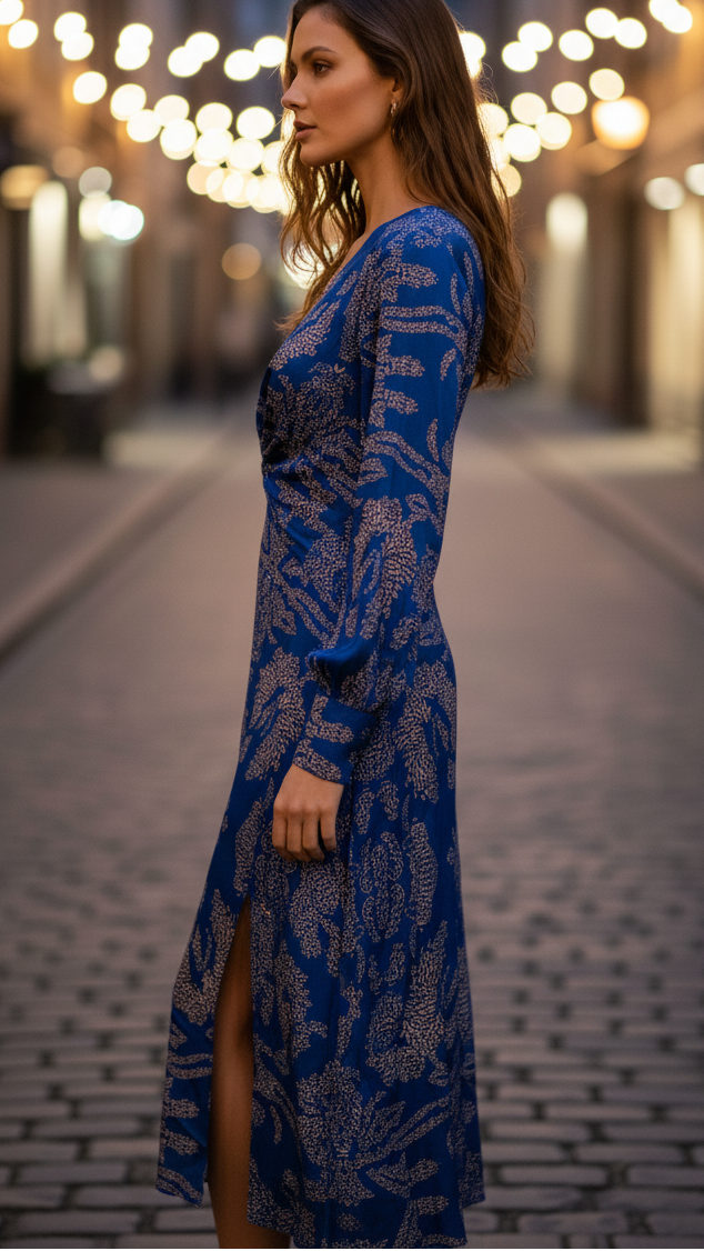 Women's V-Neck Midi Dress Long Sleeve Floral Print High Slit Twist Front