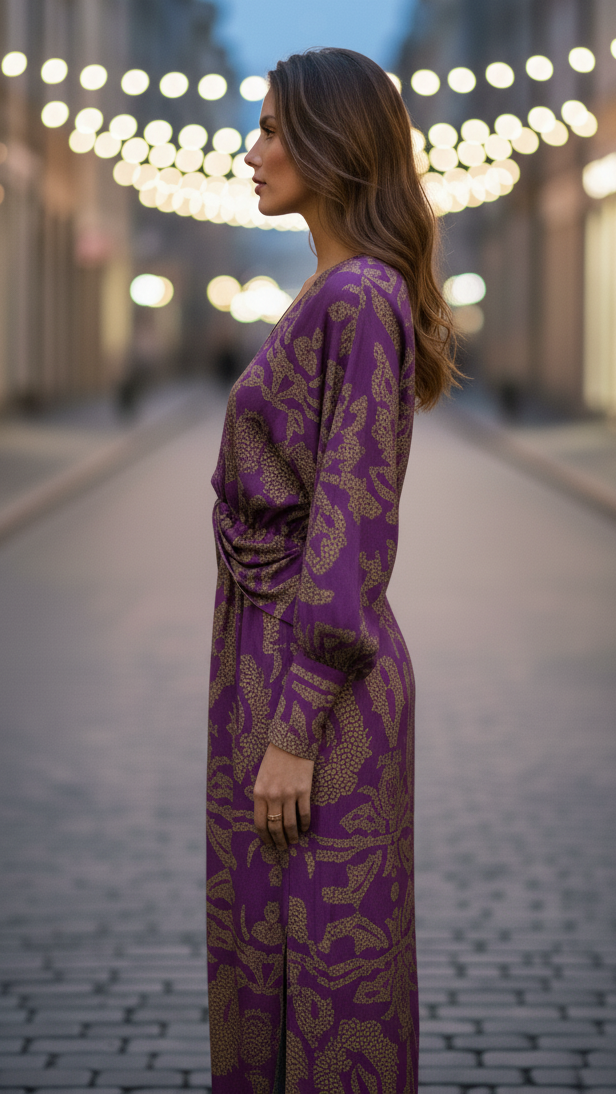 Women's V-Neck Midi Dress Long Sleeve Floral Print High Slit Twist Front