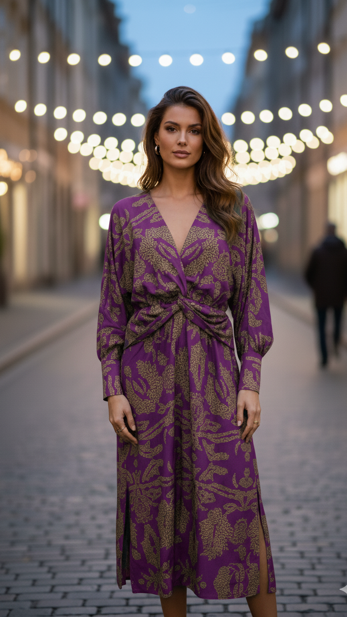 Women's V-Neck Midi Dress Long Sleeve Floral Print High Slit Twist Front