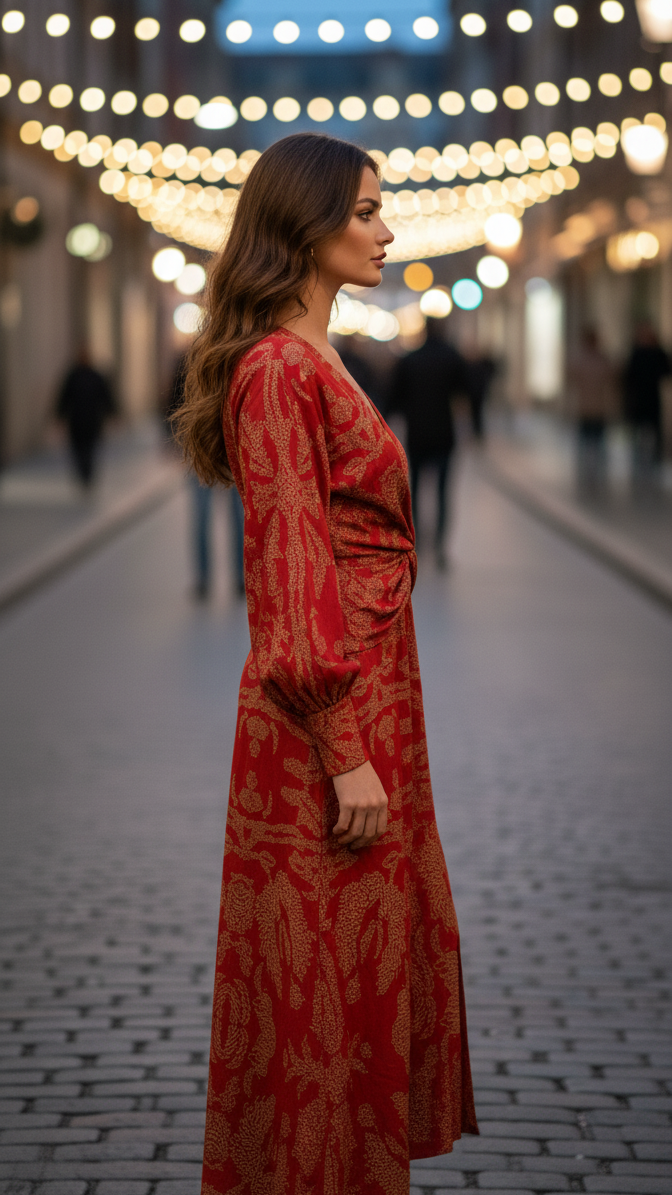 Women's V-Neck Midi Dress Long Sleeve Floral Print High Slit Twist Front