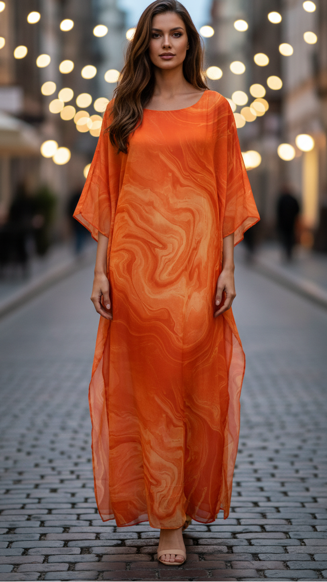 Women's Chiffon Maxi Dress Marble Print Kimono Sleeve Scoop Neck Beach Casual