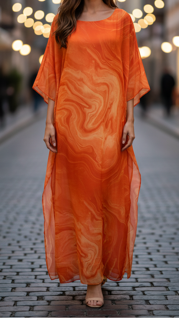 Women's Chiffon Maxi Dress Marble Print Kimono Sleeve Scoop Neck Beach Casual