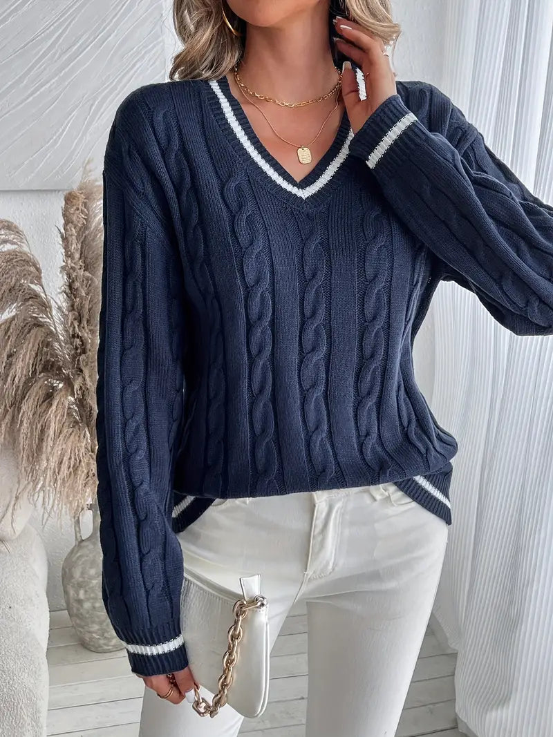 Loureth | Women's Cable Knit V-Neck Sweater