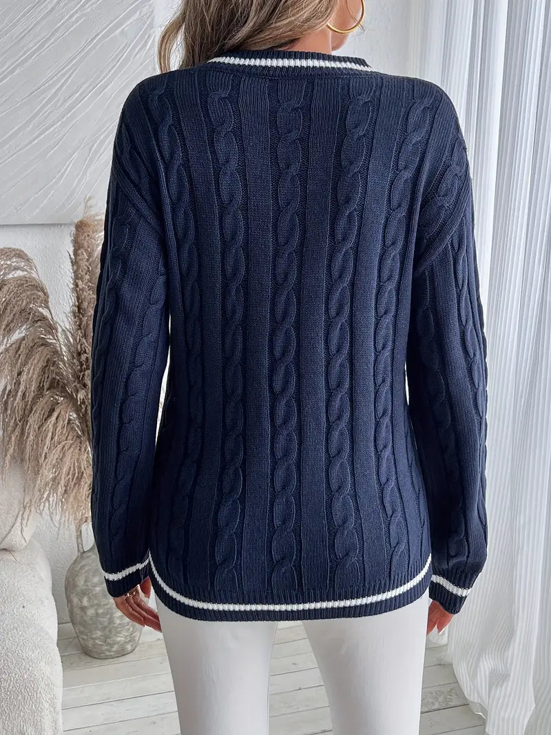 Loureth | Women's Cable Knit V-Neck Sweater