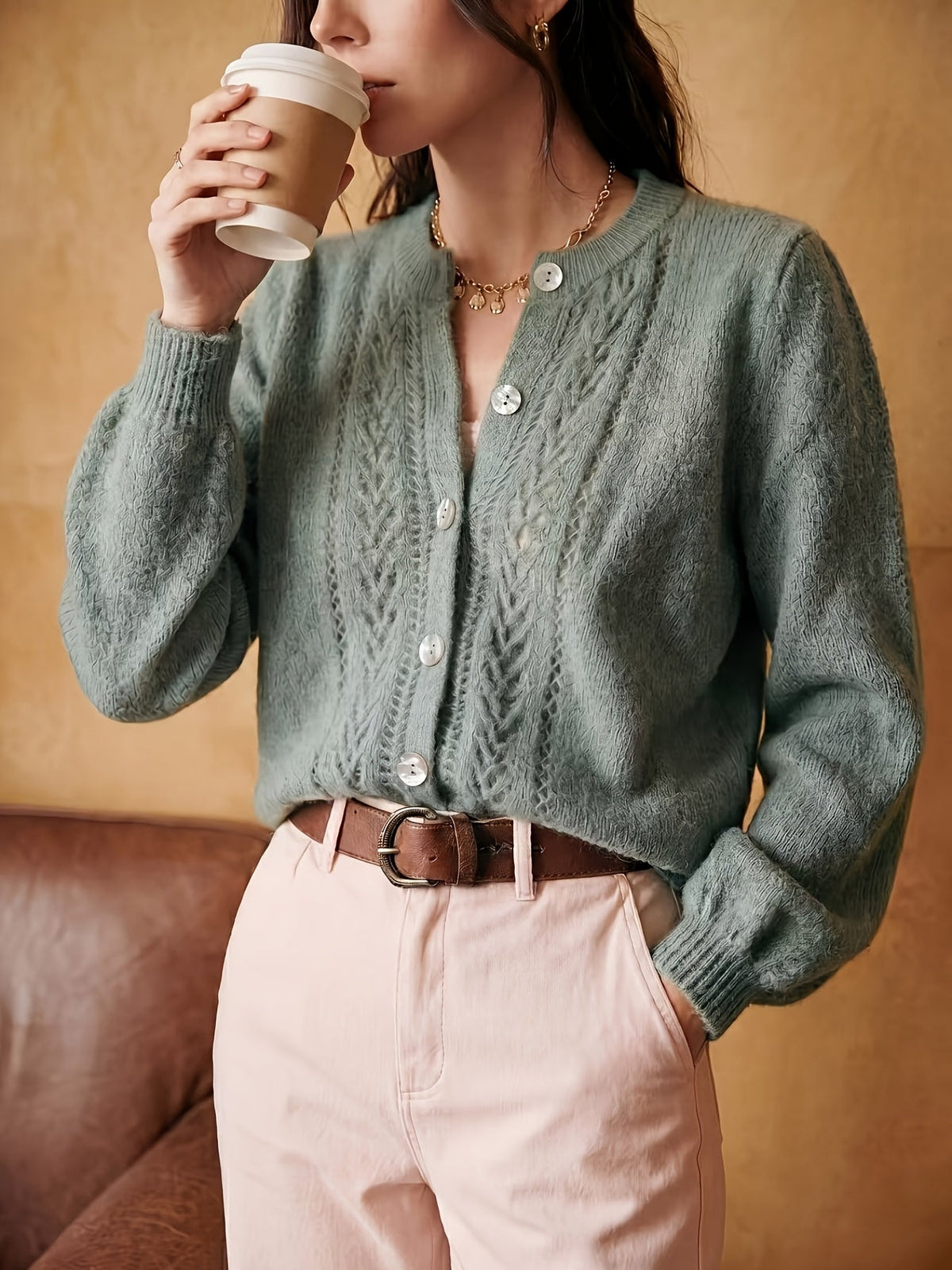 Marveth | Women's Cable Knit Button-Up Cardigan Sweater
