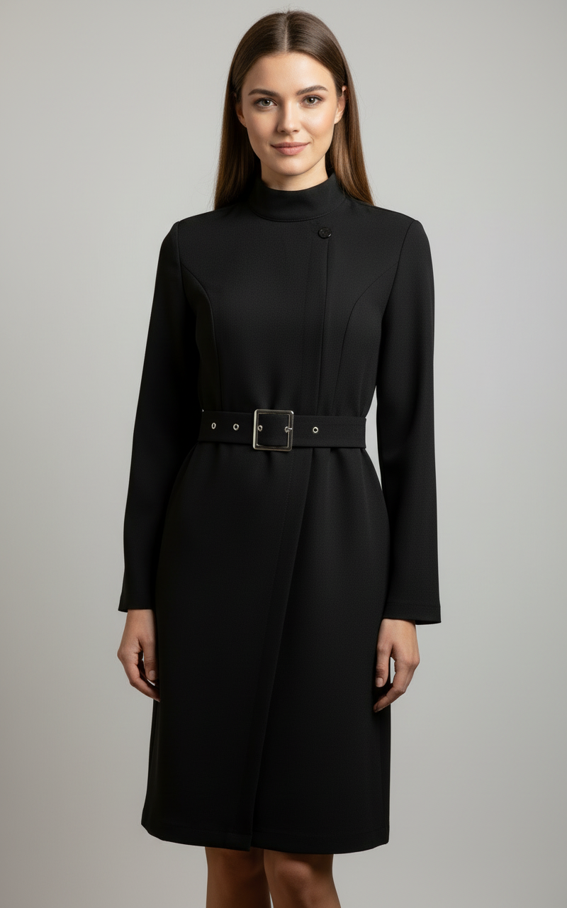 Women's Belted A-Line Dress Asymmetric High Neck Long Sleeve Midi Dress