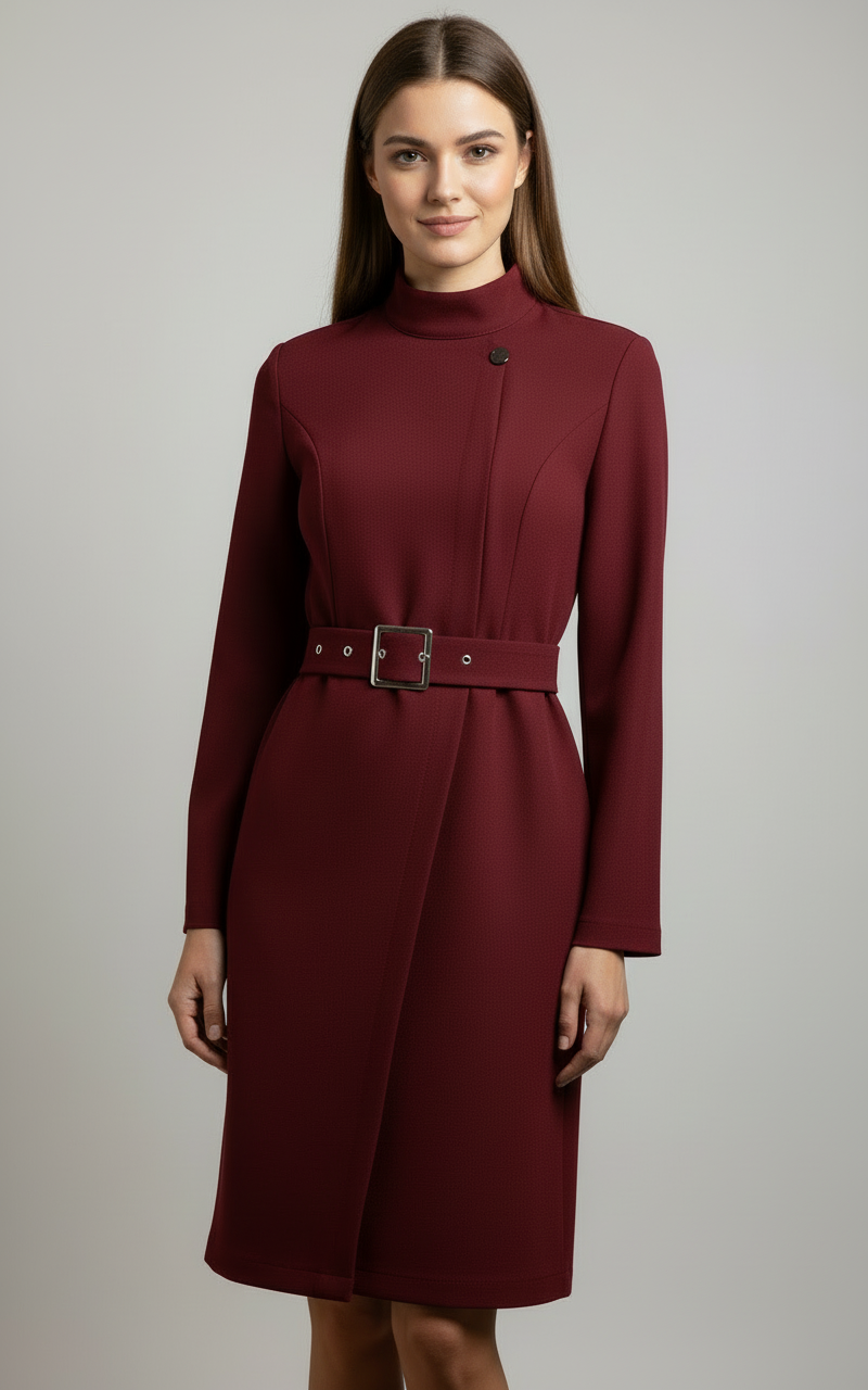 Women's Belted A-Line Dress Asymmetric High Neck Long Sleeve Midi Dress