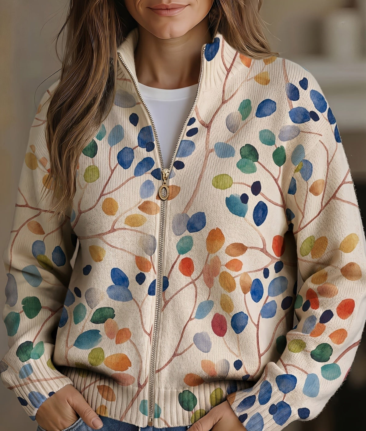 Orvella | Women's Botanical Print Zip-Up Cardigan