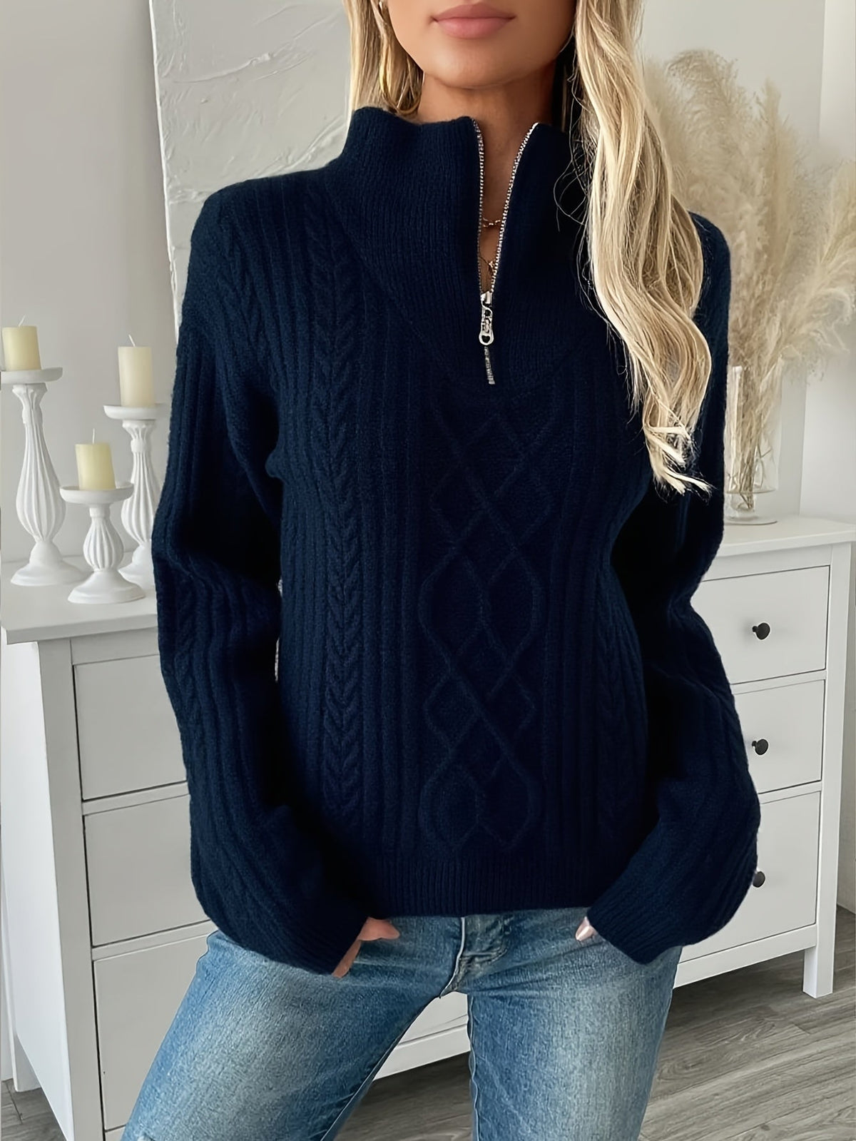 Orvinda | Women's Cable Knit Quarter Zip Sweater
