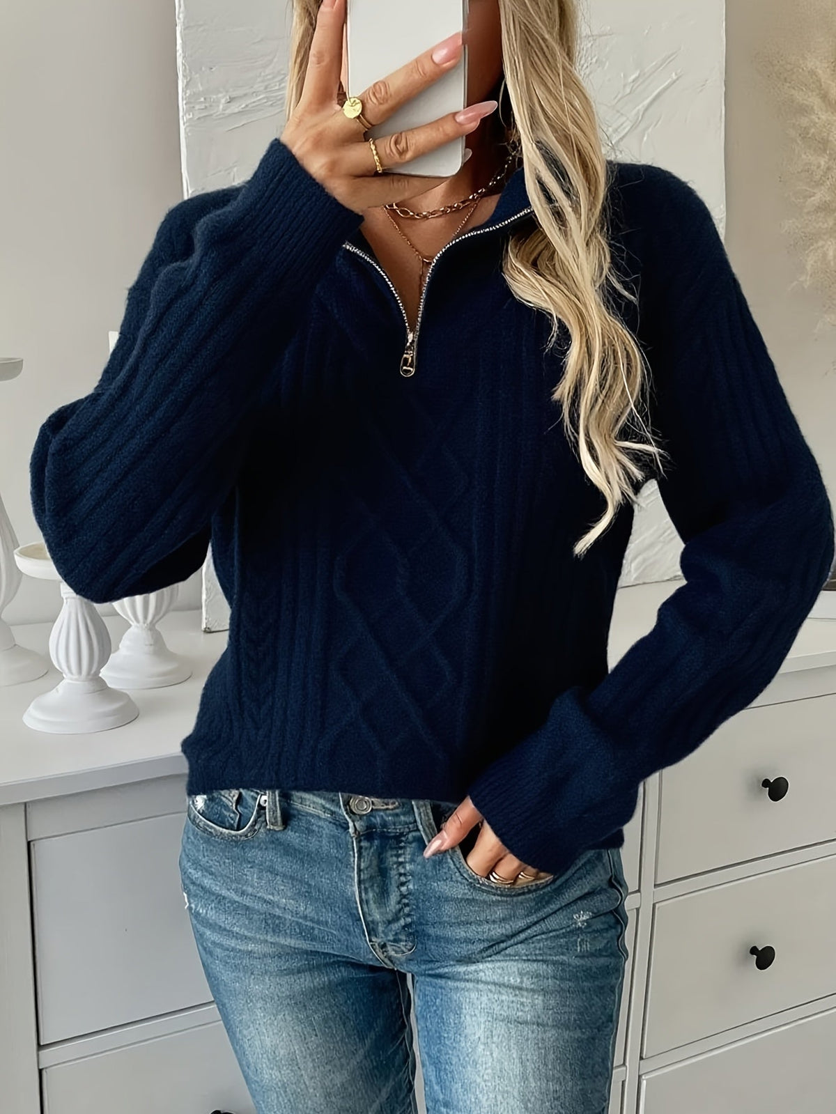 Orvinda | Women's Cable Knit Quarter Zip Sweater
