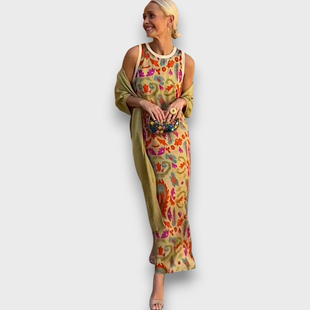 Vera – Flowing Maxi Dress with Pastel Cardigan