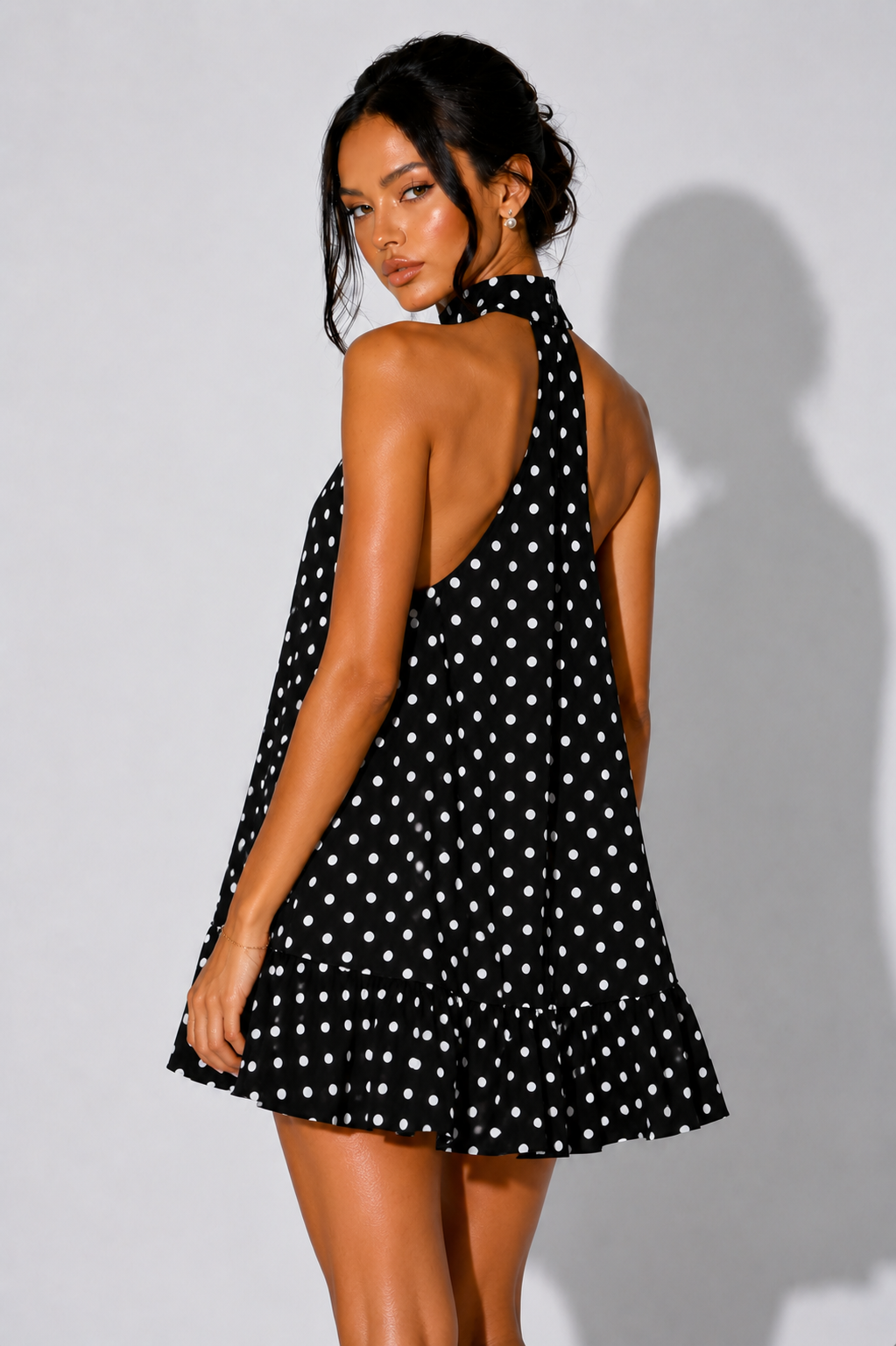 Women's Halterneck Mini Dress Polka Dot Sleeveless Tiered Ruffle Summer Beach