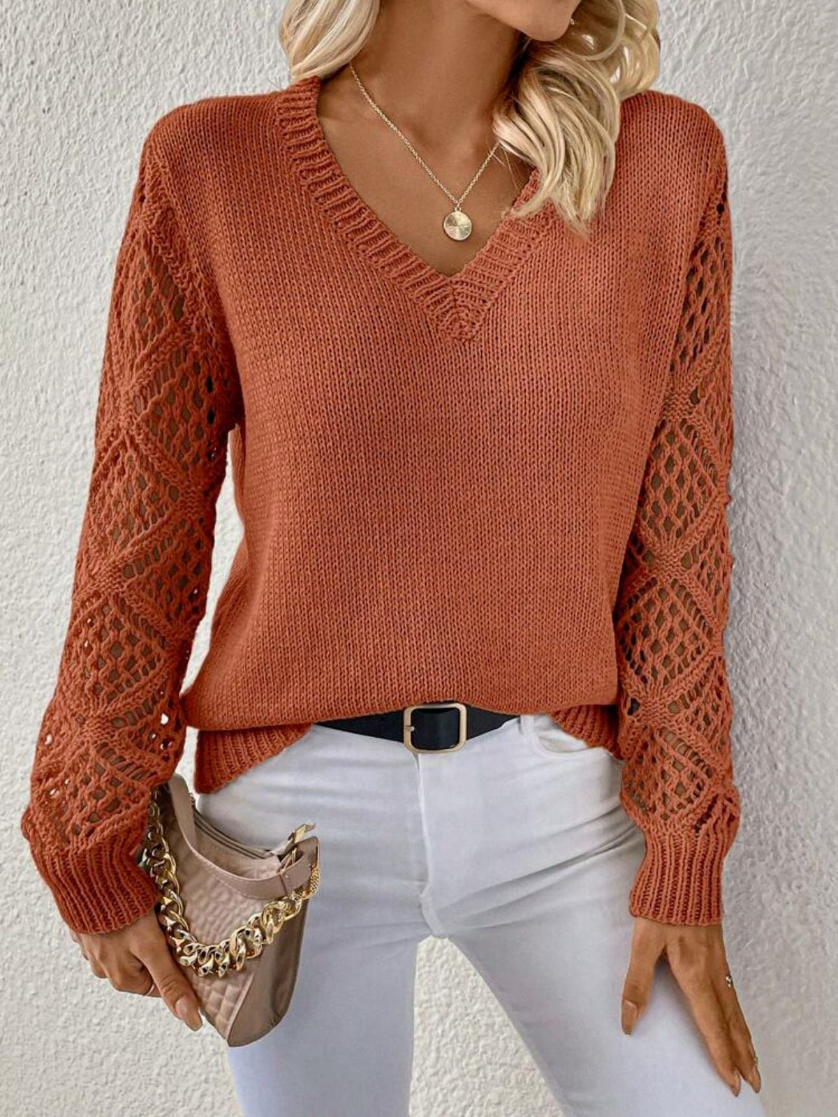 Quinara | Women's V-Neck Crochet Sleeve Sweater