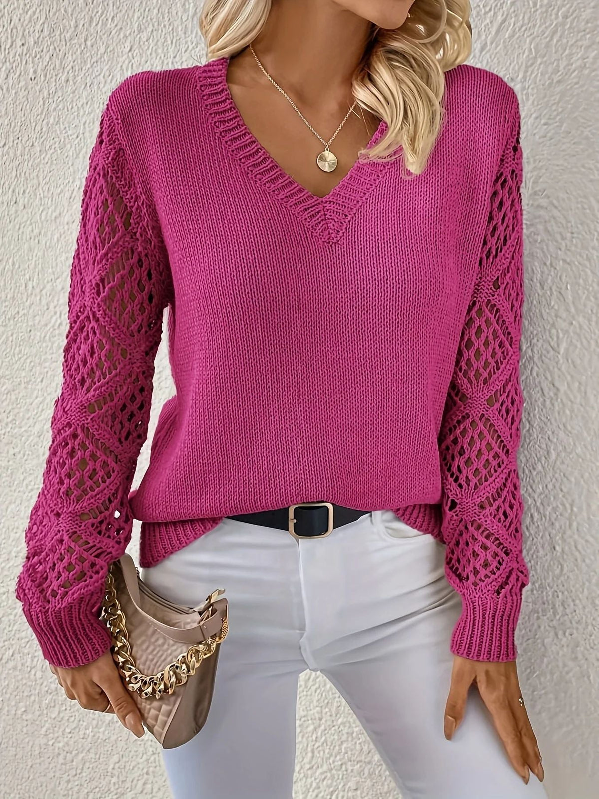 Quinara | Women's V-Neck Crochet Sleeve Sweater