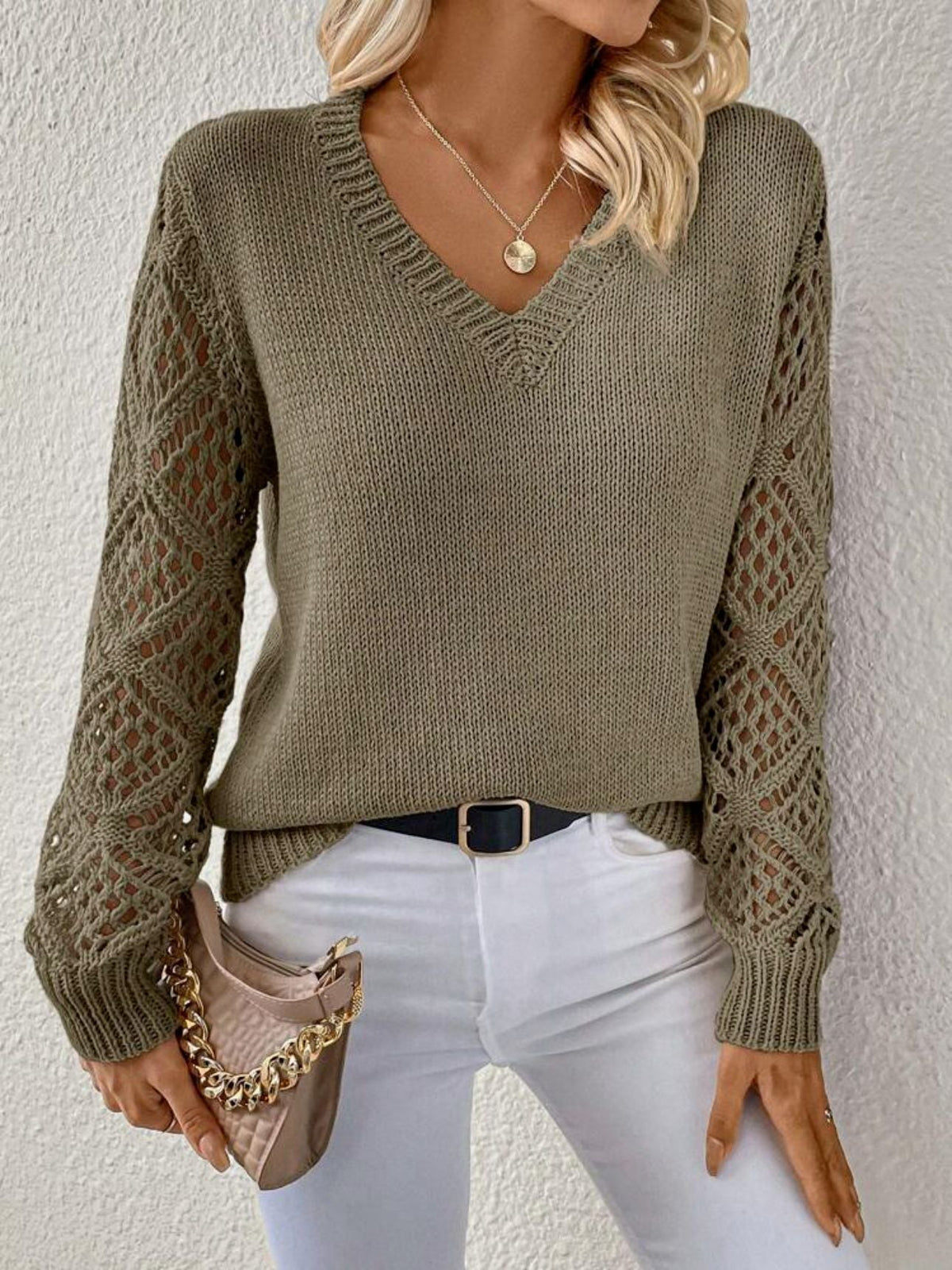 Quinara | Women's V-Neck Crochet Sleeve Sweater
