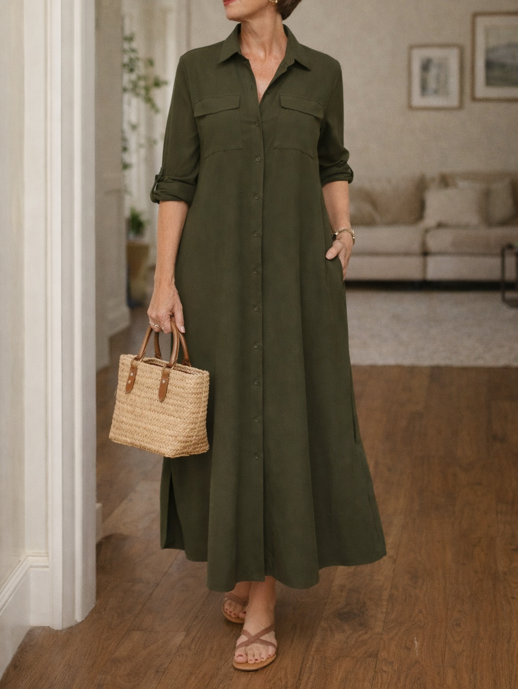 Women's Maxi Shirt Dress Collared Button Front Long Sleeve Side Slit Casual