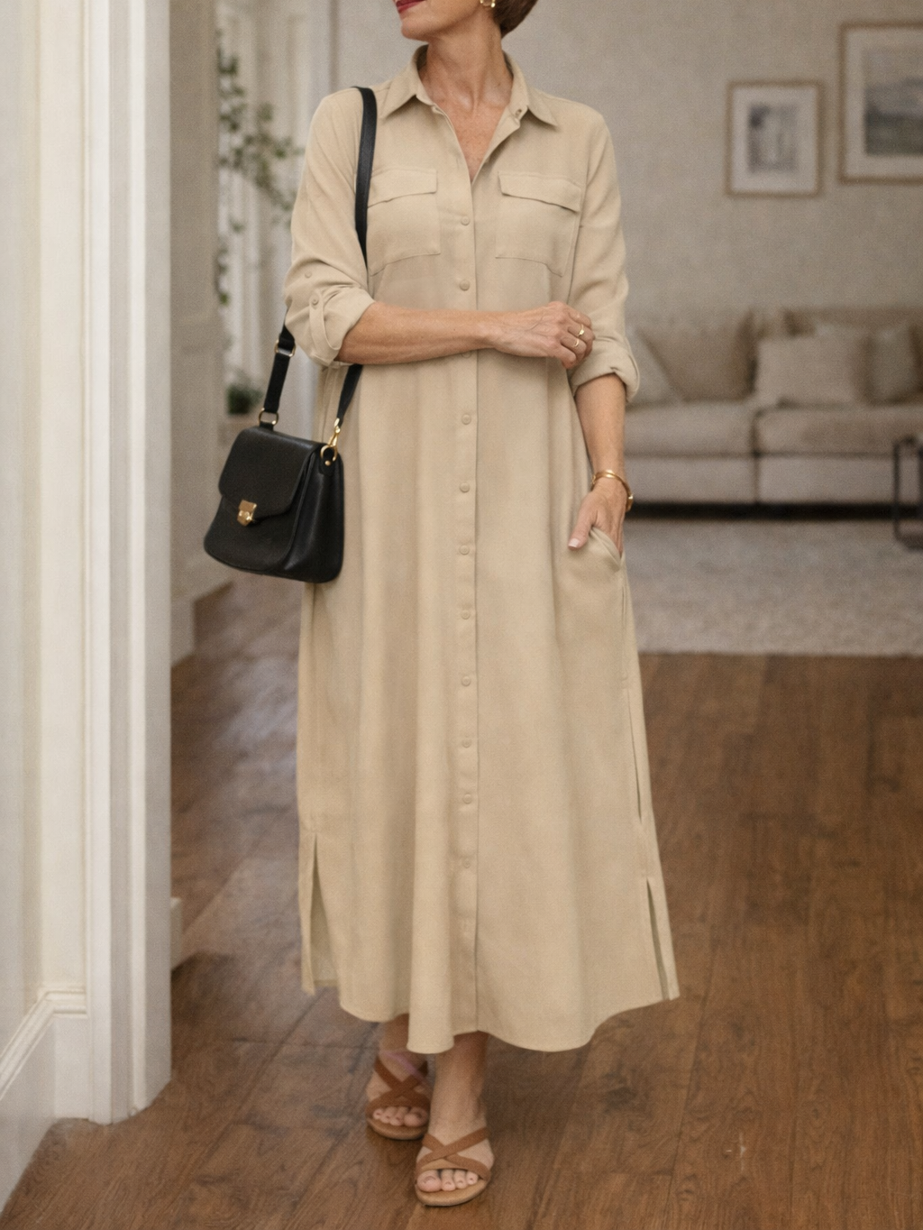Women's Maxi Shirt Dress Collared Button Front Long Sleeve Side Slit Casual