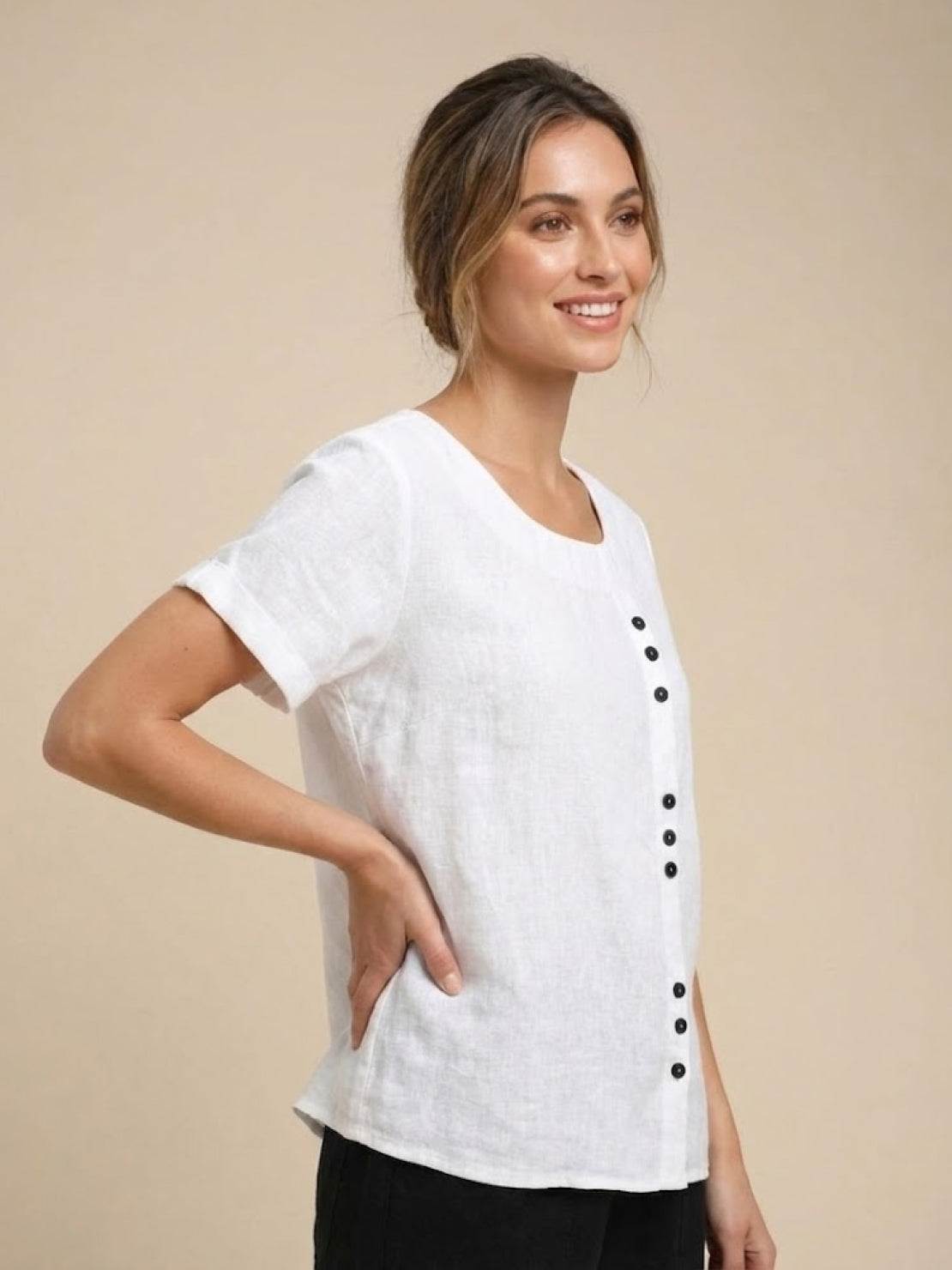 Foreen | Women's Casual Scoop Neck Button Detail Short Sleeve Top