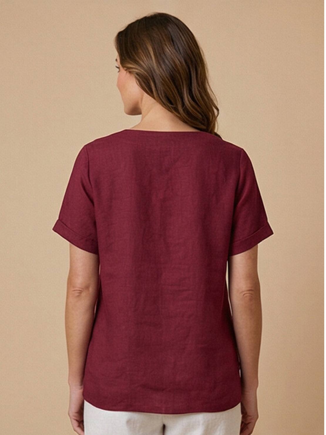 Foreen | Women's Casual Scoop Neck Button Detail Short Sleeve Top