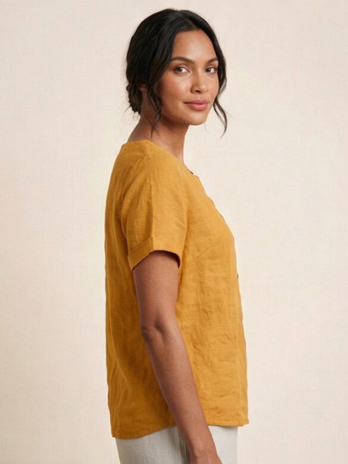 Foreen | Women's Casual Scoop Neck Button Detail Short Sleeve Top