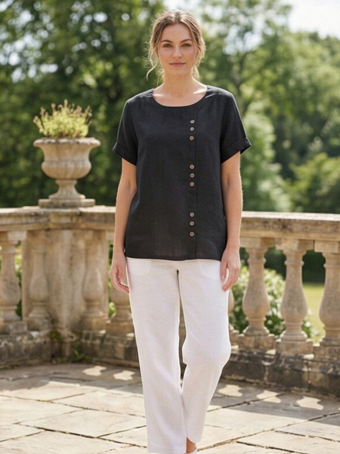 Foreen | Women's Casual Scoop Neck Button Detail Short Sleeve Top