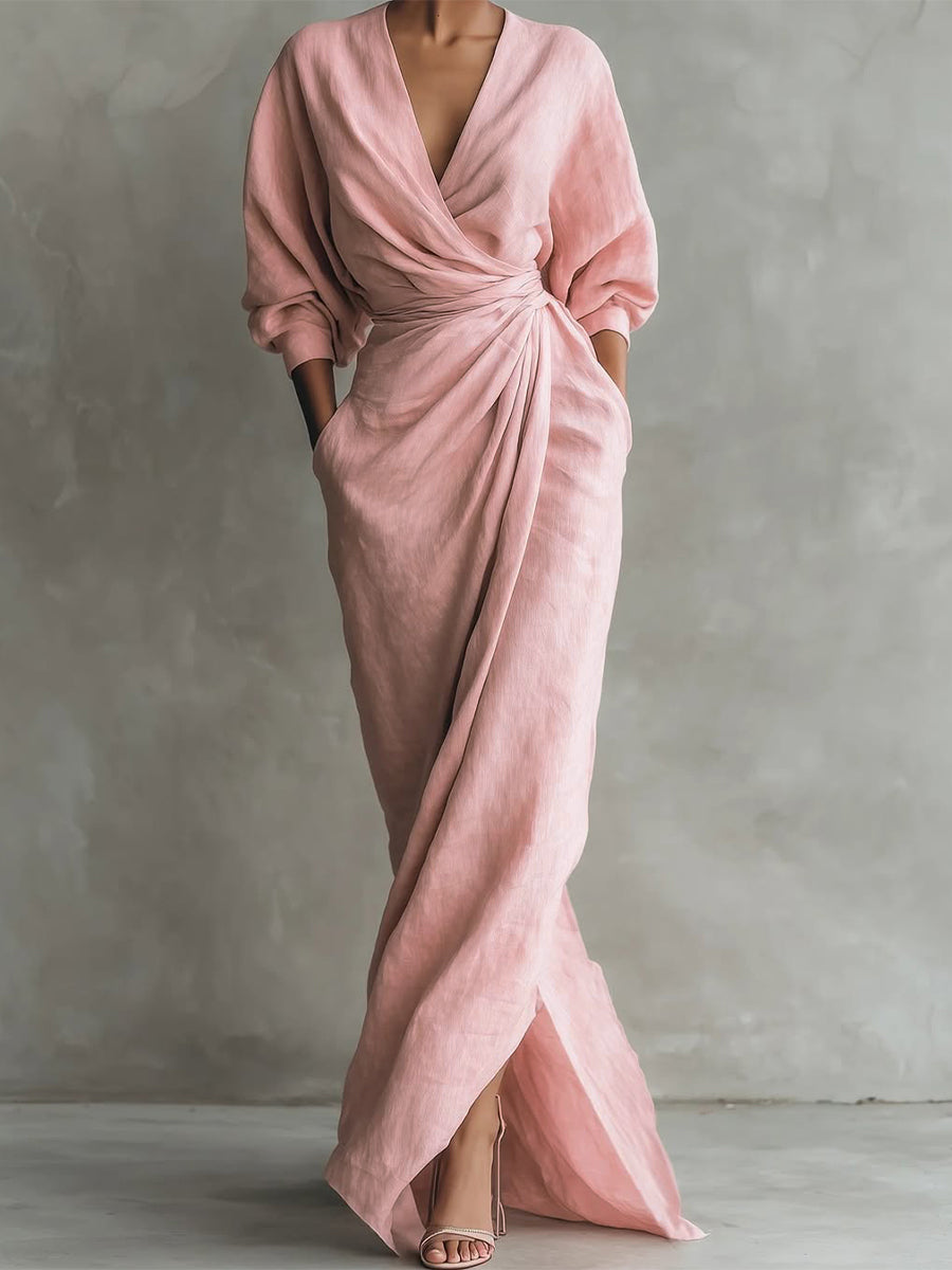 Women's Maxi Wrap Dress V-Neck Dolman Sleeves