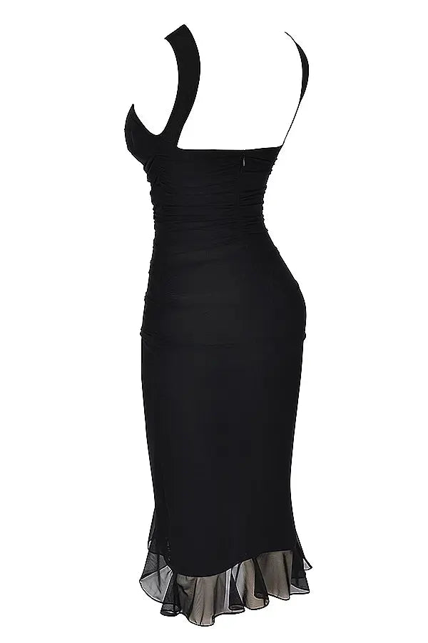 Women's Sleeveless Bodycon Midi Dress Ruffle Asymmetric Hem High Slit Boat Neck