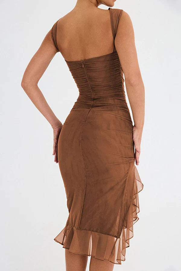 Women's Sleeveless Bodycon Midi Dress Ruffle Asymmetric Hem High Slit Boat Neck