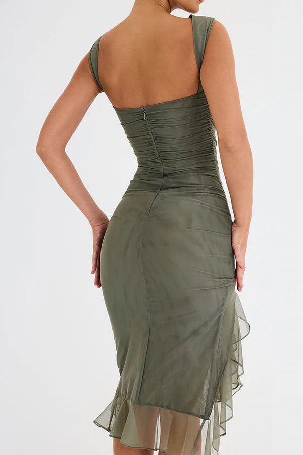 Women's Sleeveless Bodycon Midi Dress Ruffle Asymmetric Hem High Slit Boat Neck