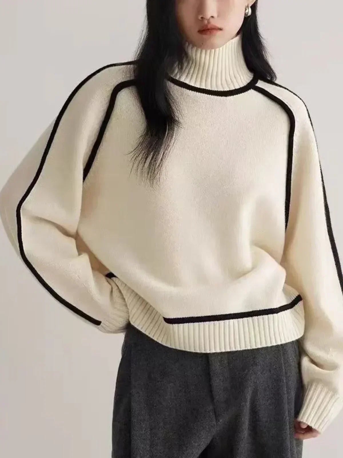Thessaly | Women's Turtleneck Sweater with Contrast Piping