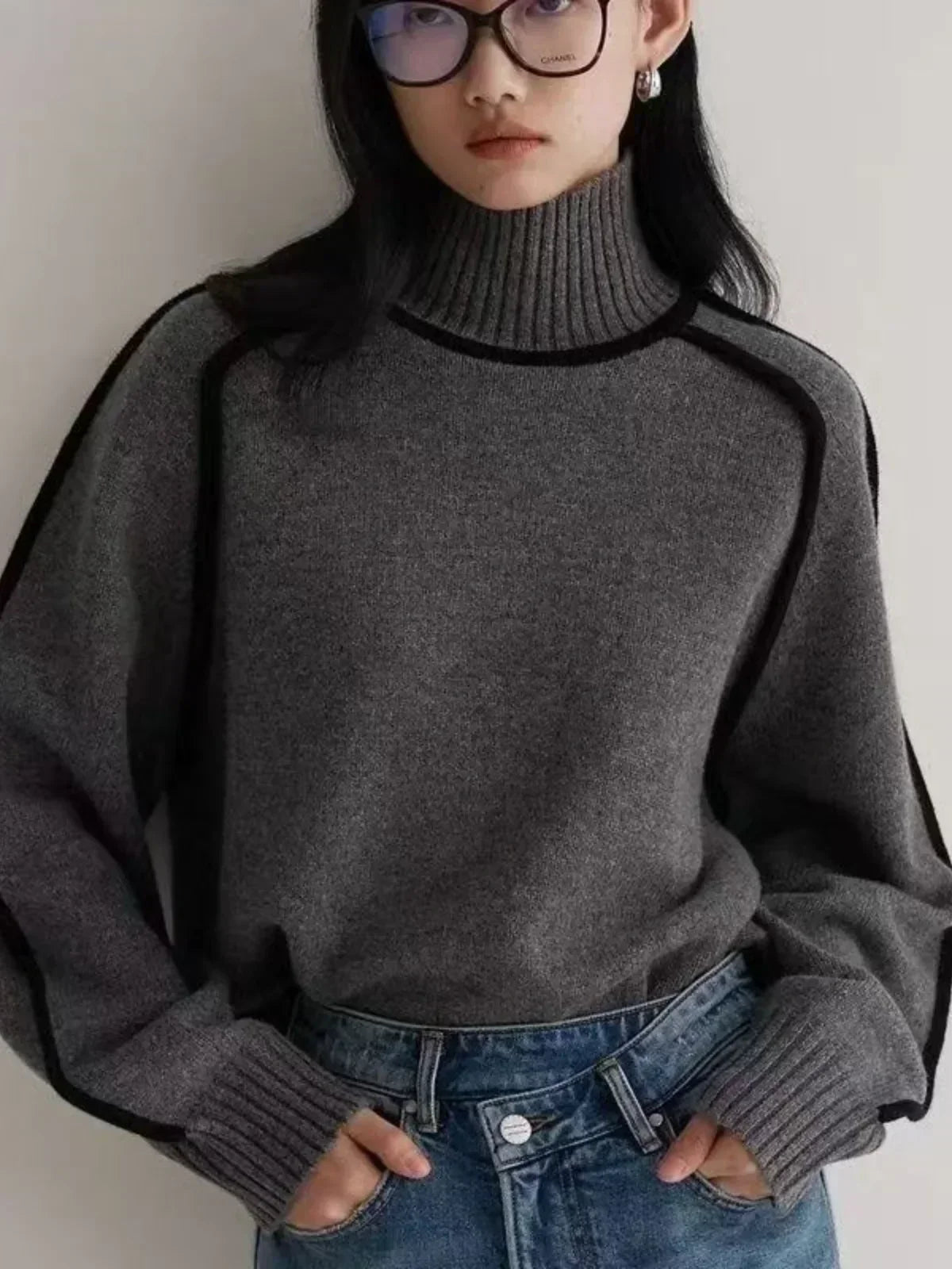 Thessaly | Women's Turtleneck Sweater with Contrast Piping