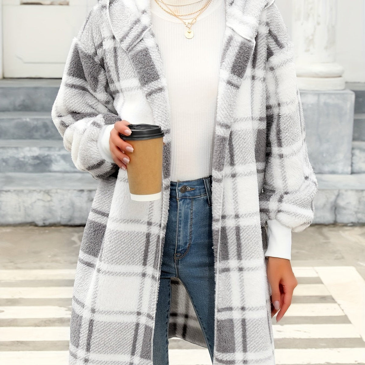 Thrennis | Women's Plaid Hooded Cardigan Coat