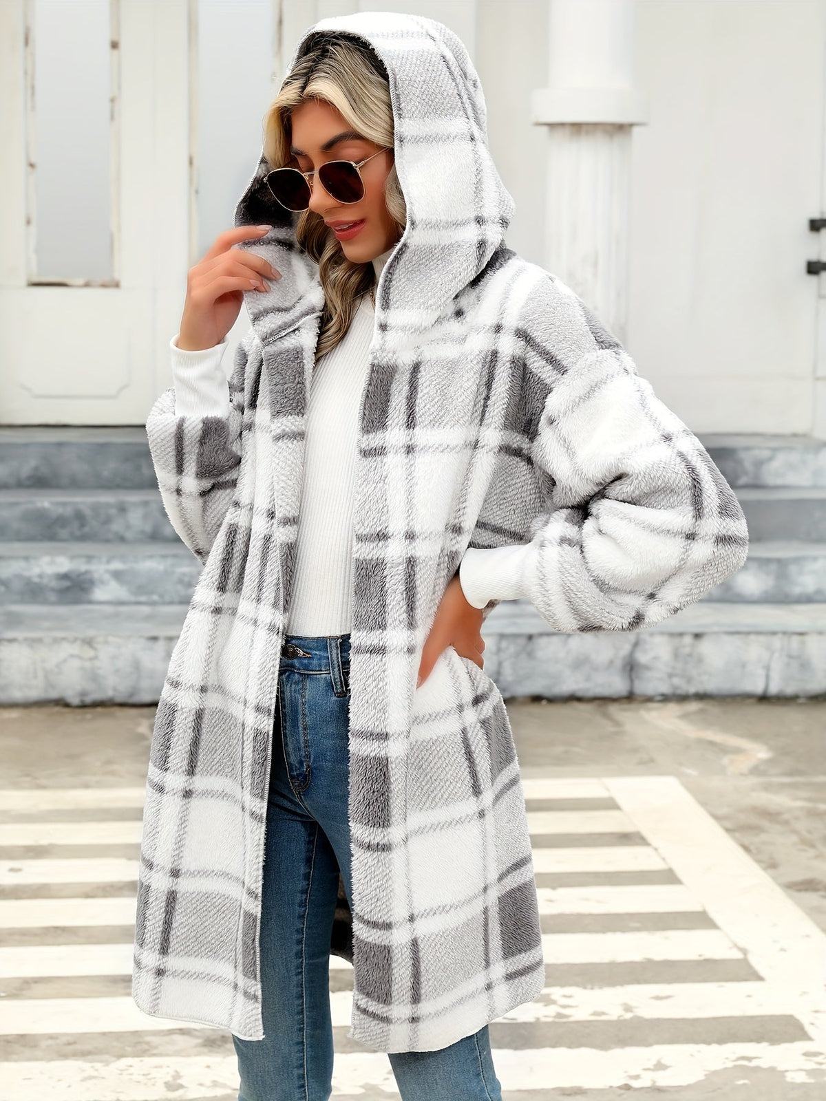 Thrennis | Women's Plaid Hooded Cardigan Coat