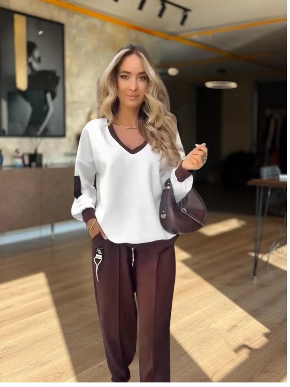 Trevora | Women's Loungewear Set V-Neck Top & Joggers
