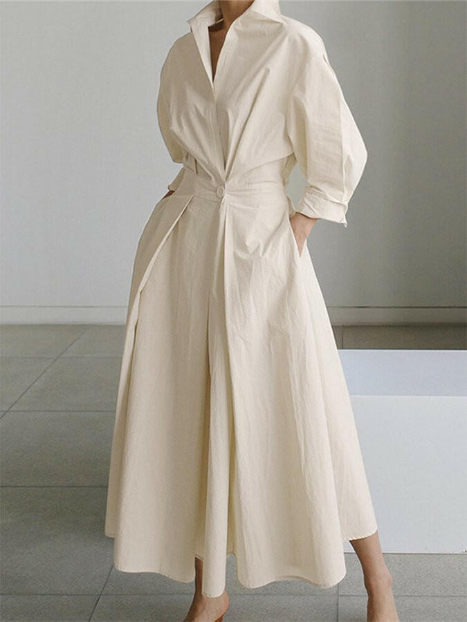 Women's Shirt Dress V-Neck Long Sleeve Belted Pleated Midi Casual