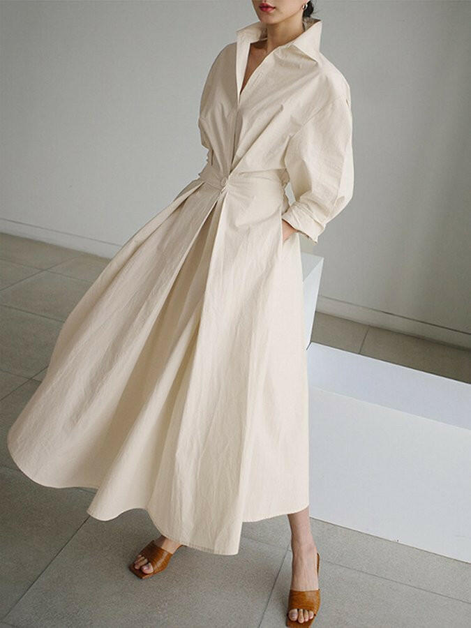 Women's Shirt Dress V-Neck Long Sleeve Belted Pleated Midi Casual