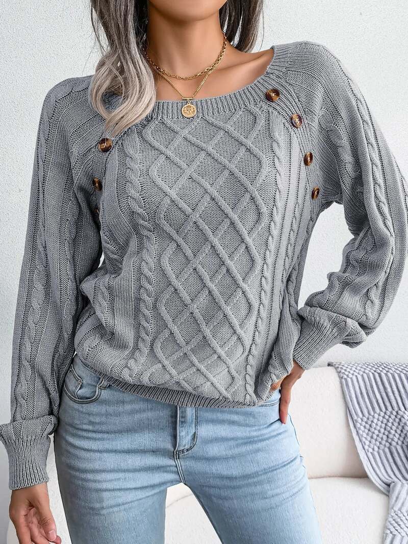 Vexara | Women's Cable Knit Button Detail Sweater
