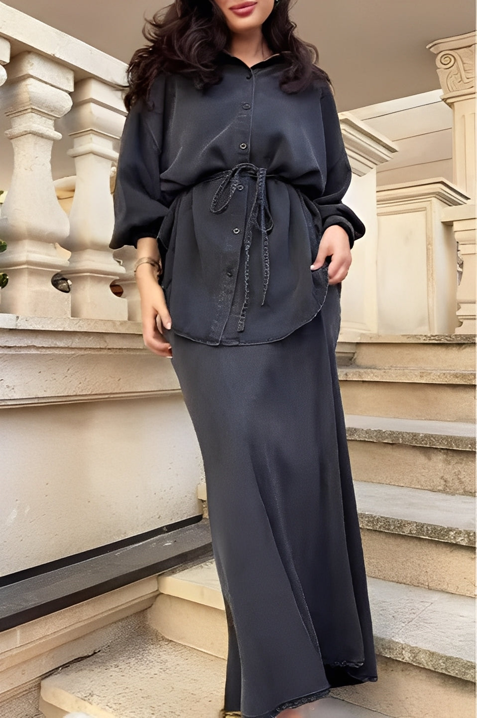 Lisa | Long-sleeved Tie-Drawstring Shirt and Skirt Set