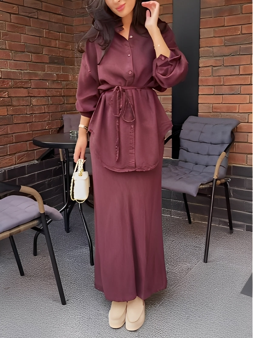 Lisa | Long-sleeved Tie-Drawstring Shirt and Skirt Set