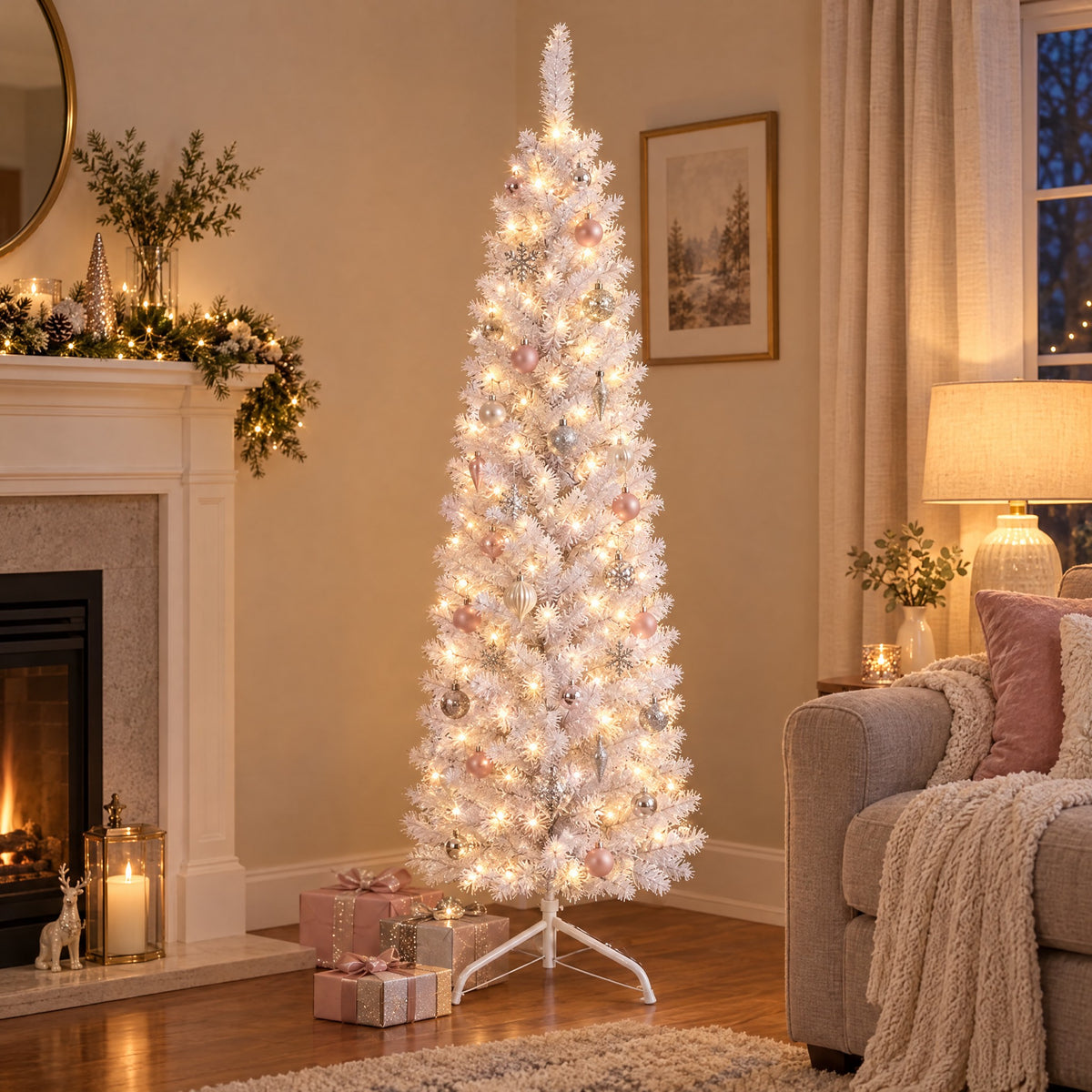White Pencil Christmas Tree 4ft, 5ft, 6ft – Slim Artificial Tree, Optional Lights