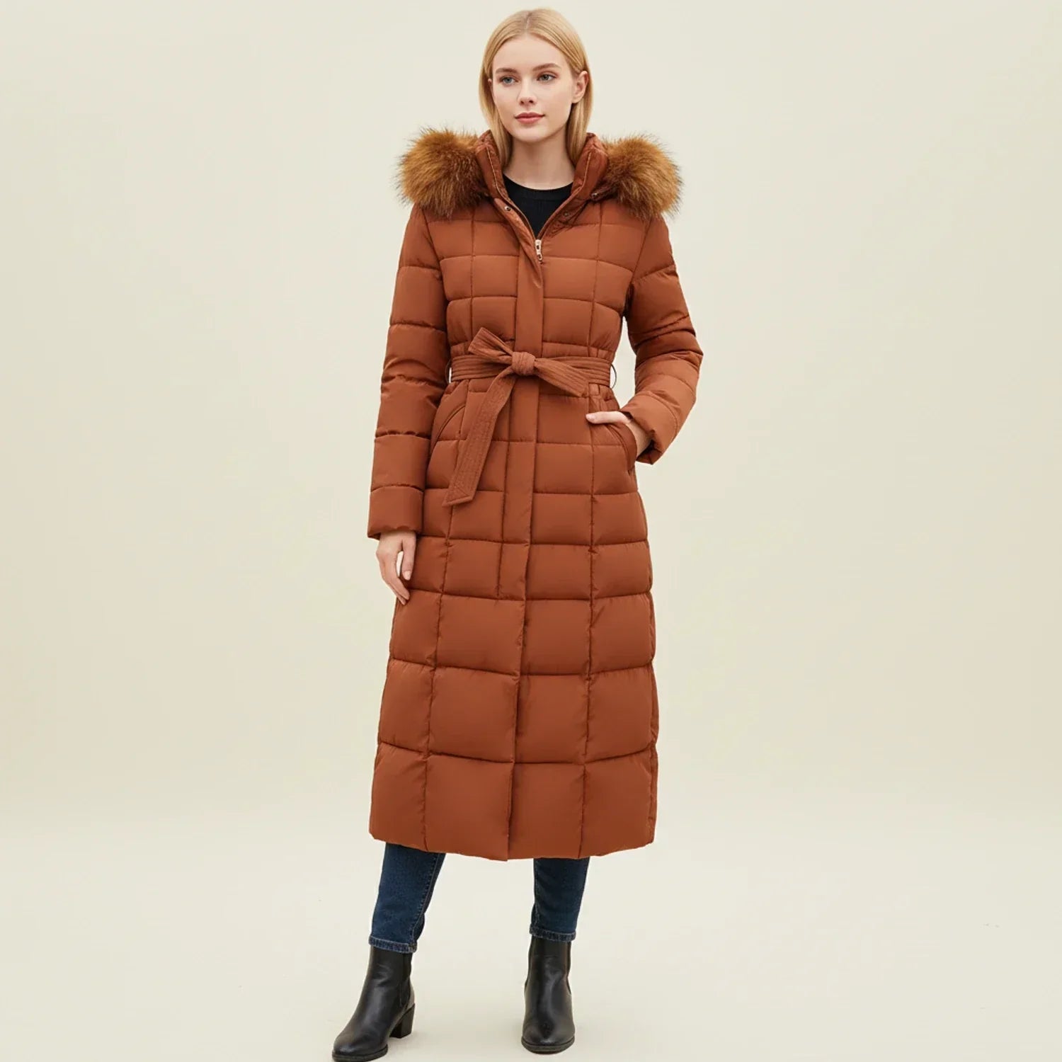 Maxi-length quilted hooded puffer jacket for women | Celeste