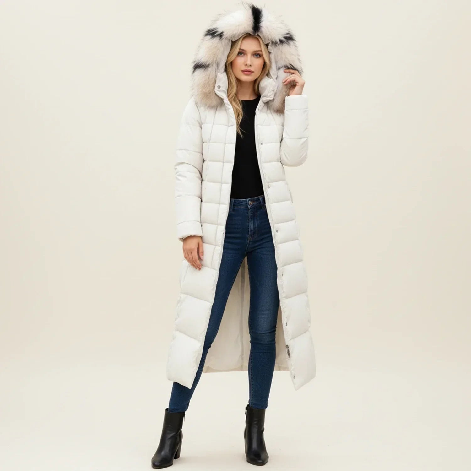 Maxi-length quilted hooded puffer jacket for women | Celeste