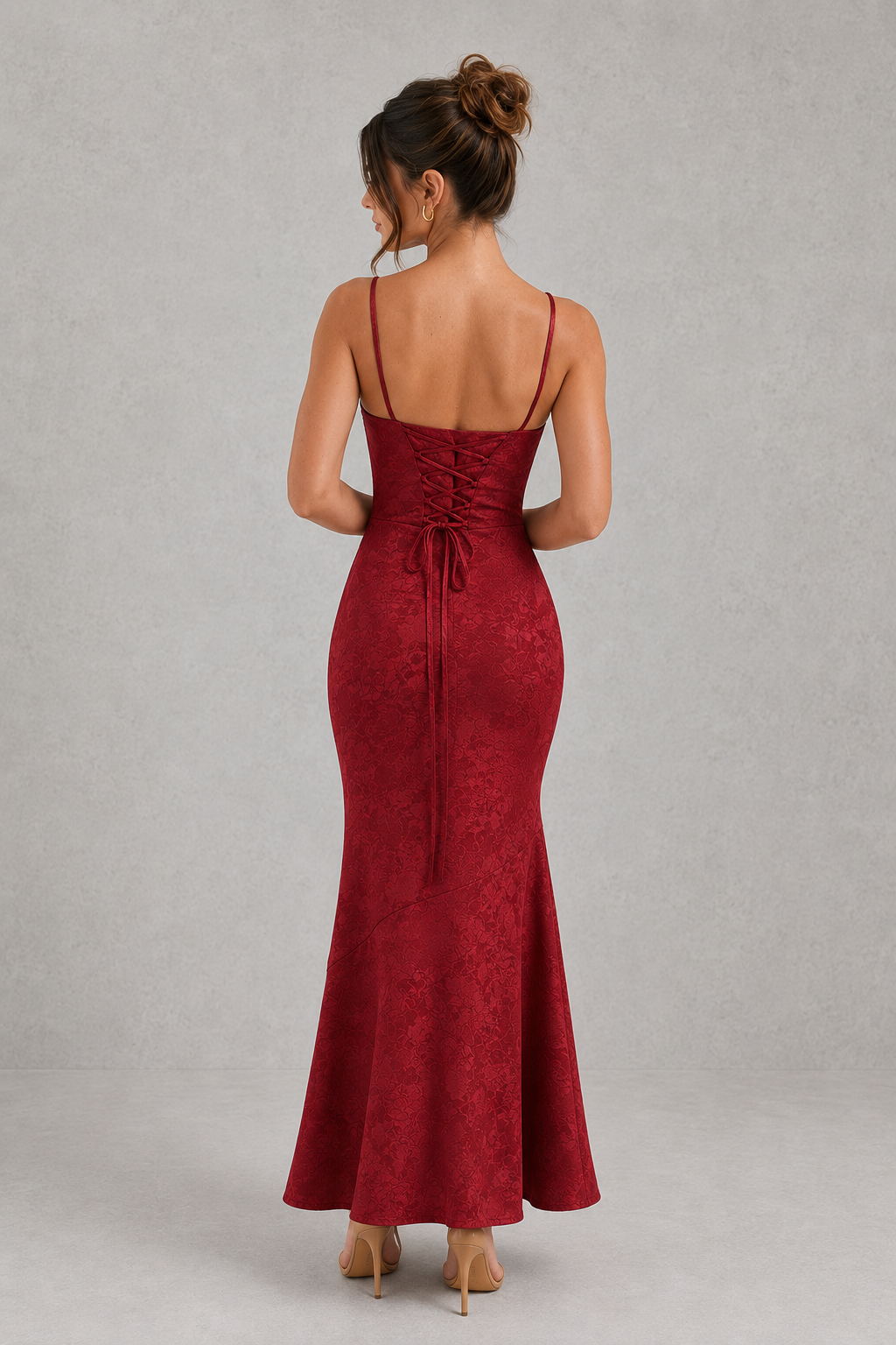 Women's Floral Jacquard Maxi Dress Lace-Up Back Square Neck Evening Occasion